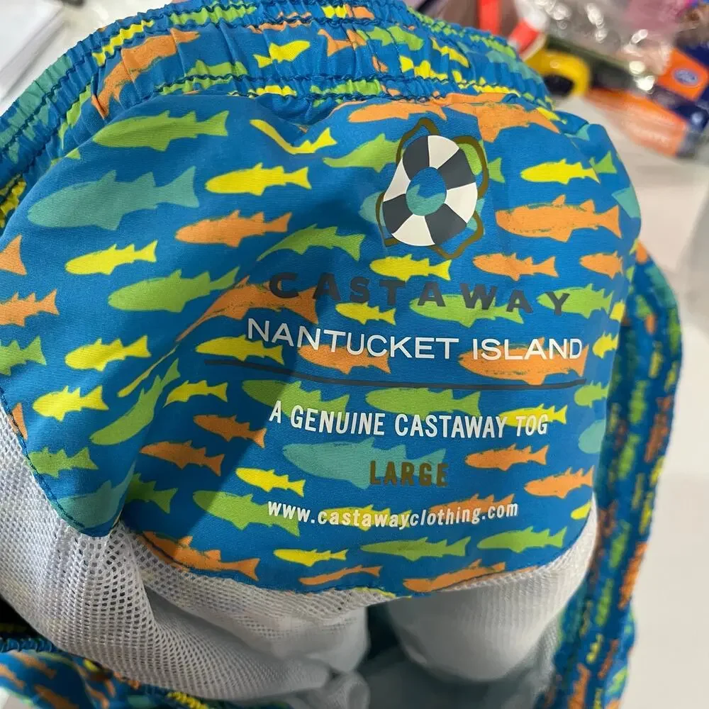 Castaway Nantucket Tog Fish Print Swim Trunks Lined Mens Size Large Preppy